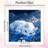 A painting of a white cat looking out from blue flowers and foliage on a canvas.