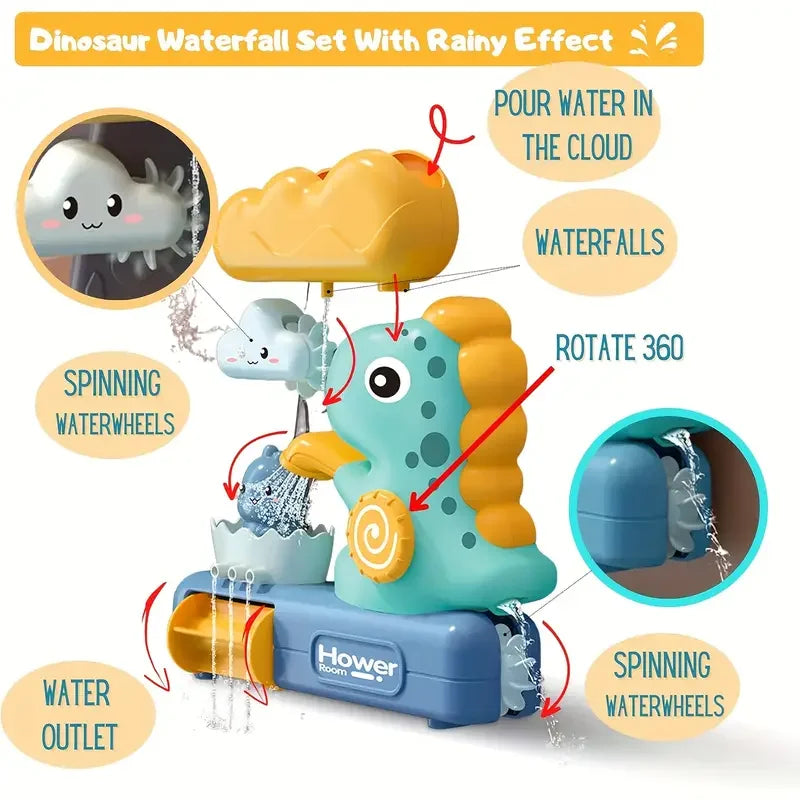 A dinosaur waterfall set with a rainy effect featuring water wheels and a cloud design for toddlers.