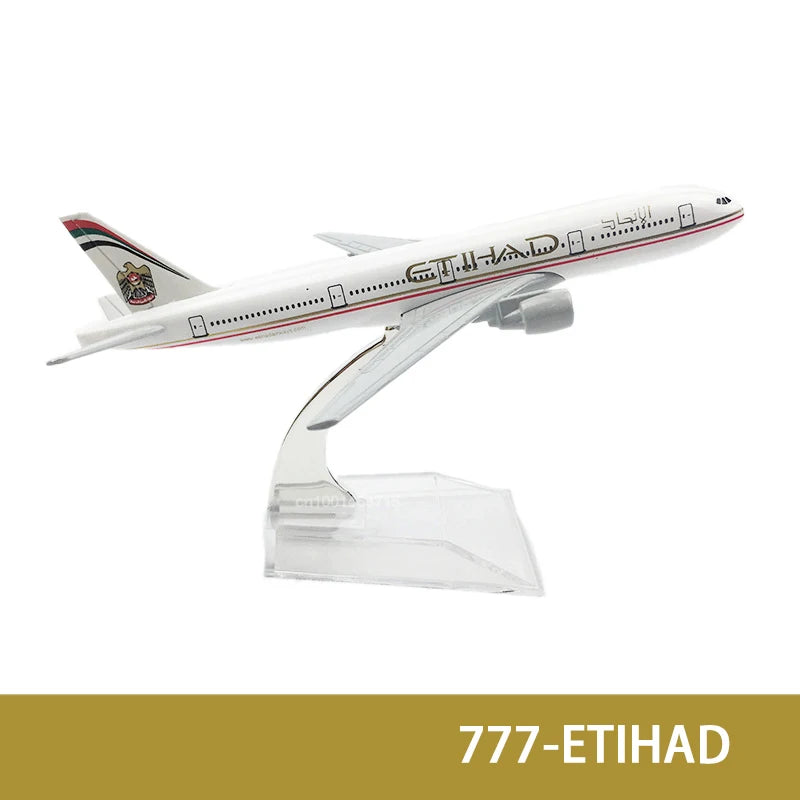 Diecast model of an Etihad Airways Boeing aircraft in white with red and black livery.