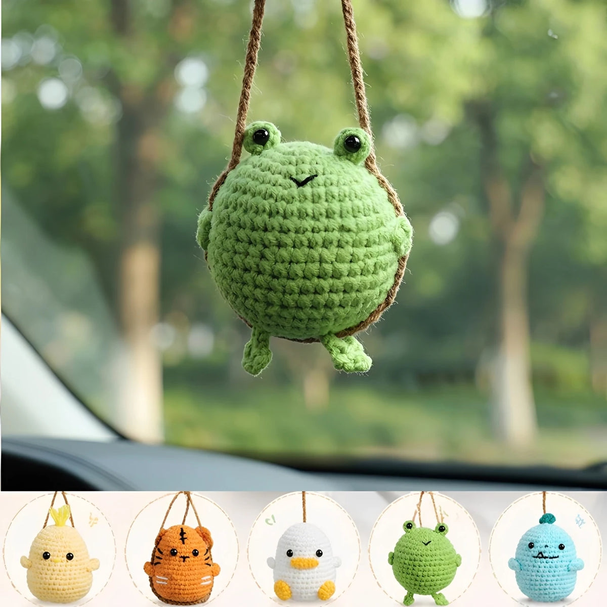 Hand-crocheted frog hanging ornament in various colors displayed against a blurred outdoor background.