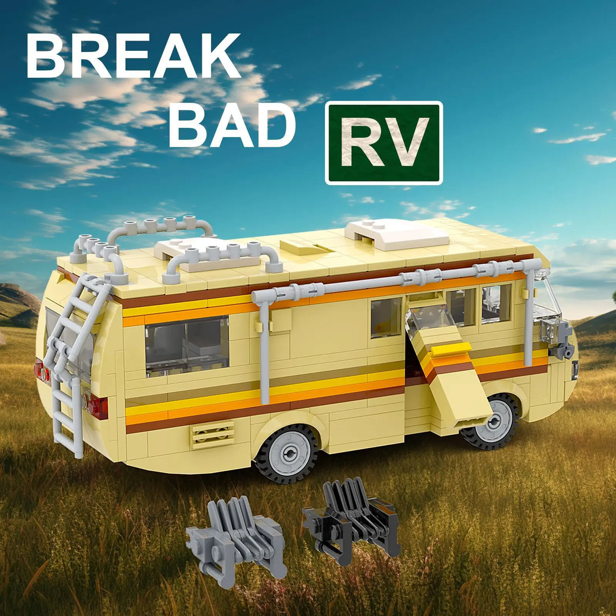 A yellow Breaking Bad RV model kit built from building blocks, shown outdoors in a grassy field.
