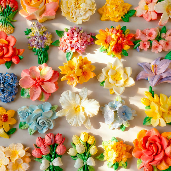 Fleurs en silicone multicolores dans des tons d'orange, jaune, rose et violet pour loisirs créatifs.