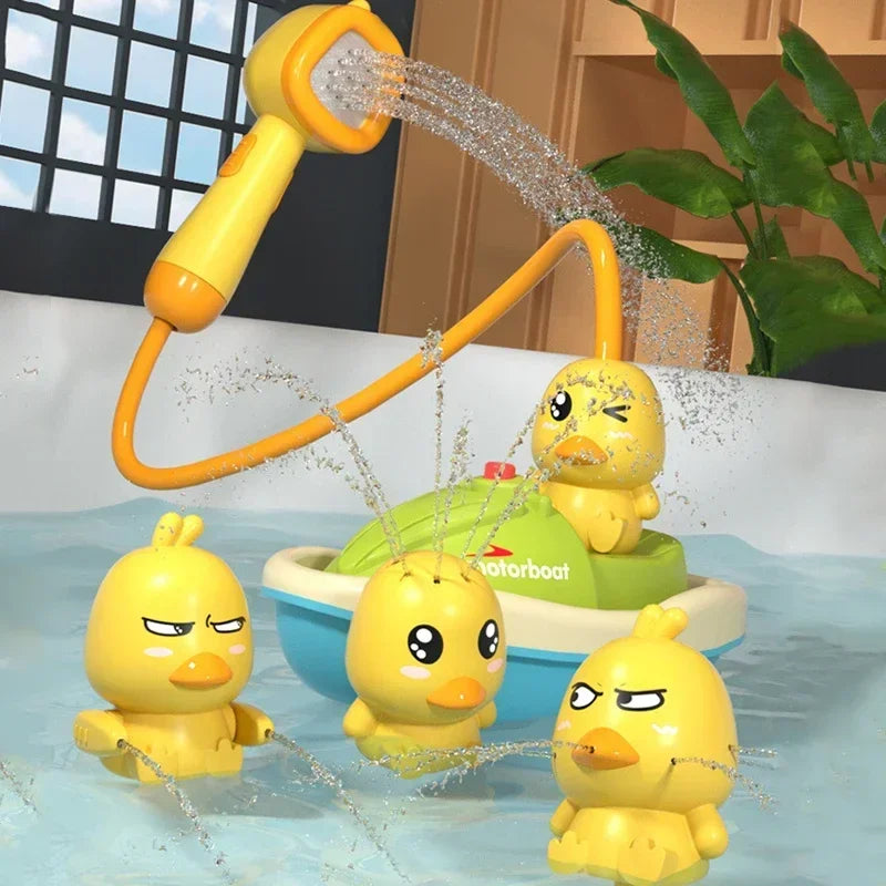 A yellow duck water spray bath toy is shown spraying water into a pool of blue water.