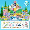 A colorful set of motorized gear building blocks and a rail car with various components.