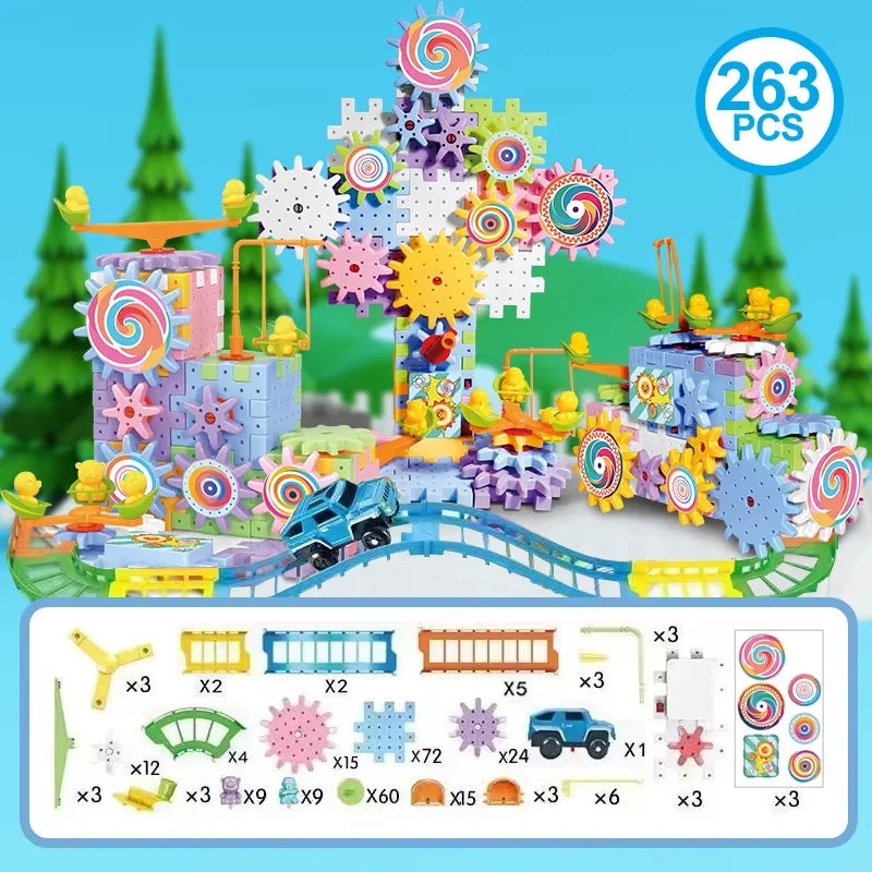 A colorful set of motorized gear building blocks and a rail car with various components.