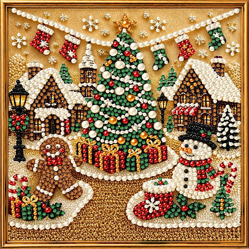 A diamond painting depicts a festive Christmas scene with a decorated tree, houses, and snowmen.