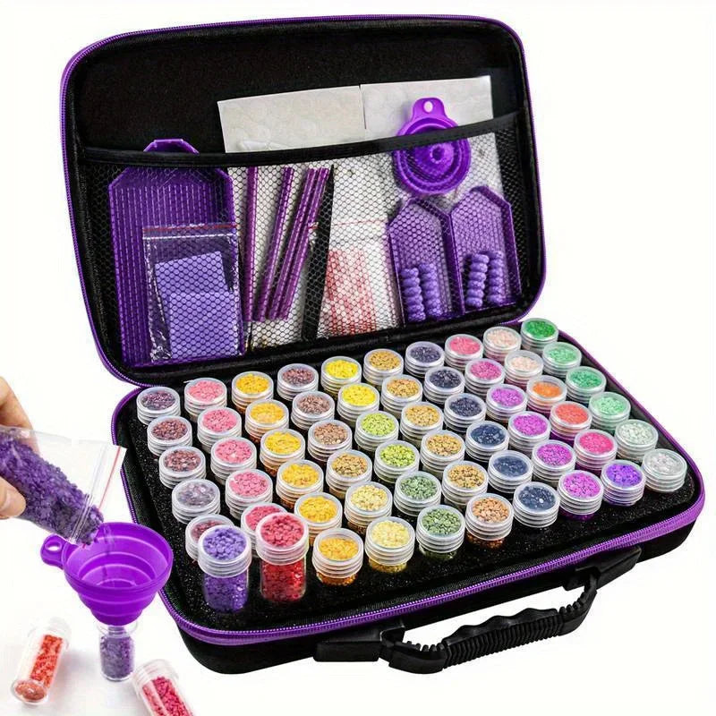 A purple diamond painting storage kit with various colored beads, tools, and accessories organized in compartments.