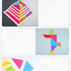 A wooden tangram puzzle set showing various colored geometric shapes arranged in a pyramid formation.