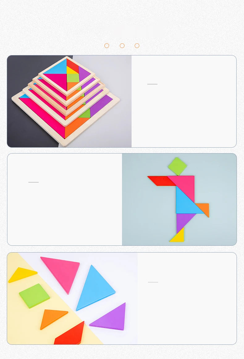A wooden tangram puzzle set showing various colored geometric shapes arranged in a pyramid formation.