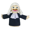 A plush hand puppet of a man with white hair and a black shirt.
