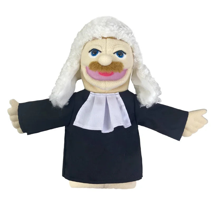 A plush hand puppet of a man with white hair and a black shirt.