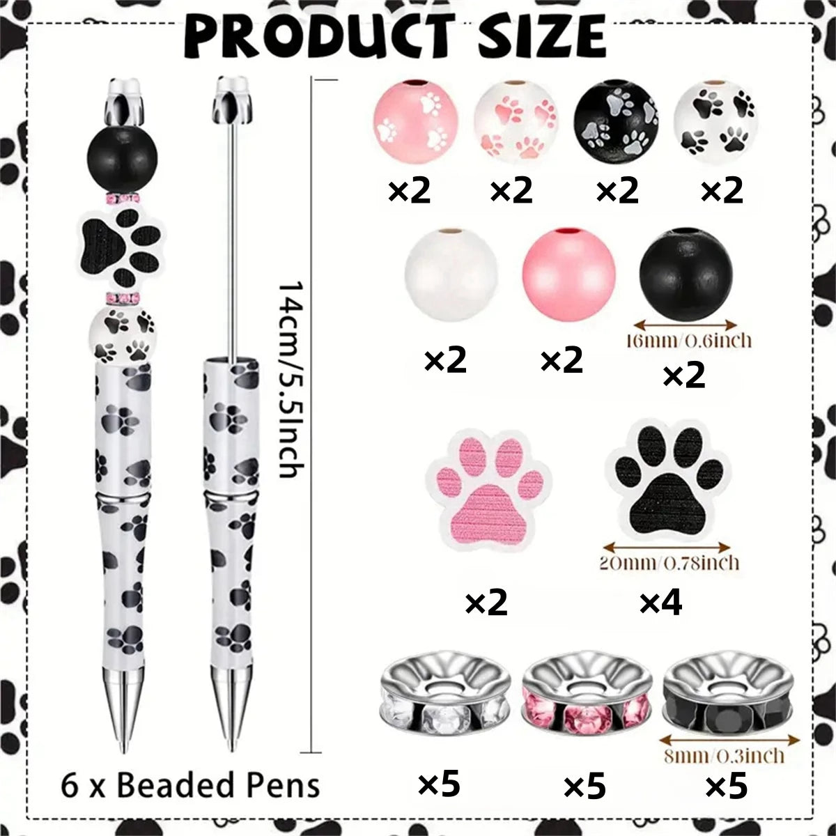 Cat Paw DIY Beaded Pen Set - 6 Pastel & Black Ballpoint Pens