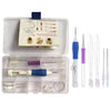 A white box containing a punch needle embroidery kit with various needles and tools.
