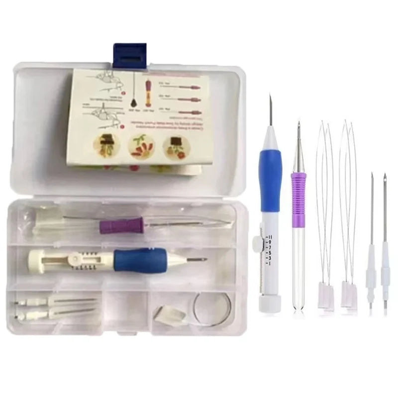 A white box containing a punch needle embroidery kit with various needles and tools.