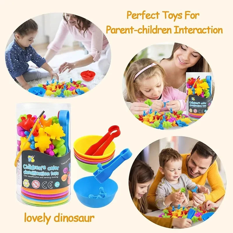 A colorful dinosaur sorting and counting toy set with various plastic dinosaurs and sorting tools for parent-child interactio