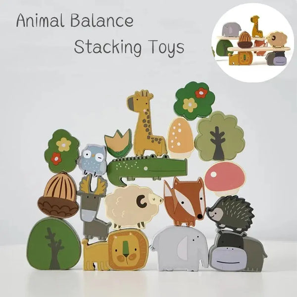 A collection of wooden animal stacking toys featuring various animals like a giraffe, fox, and elephant.