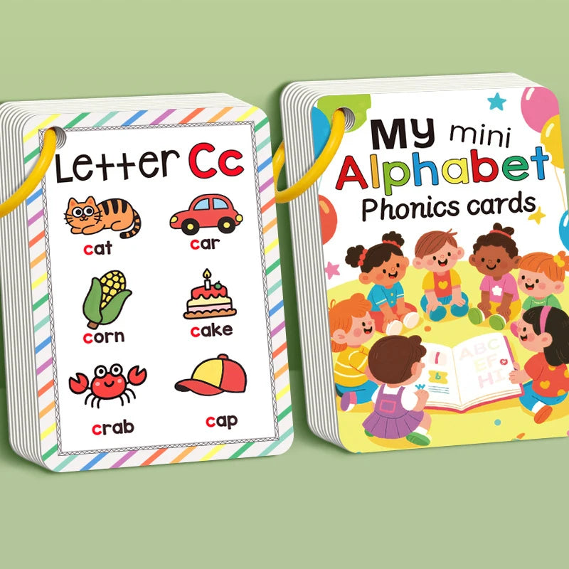 A set of My mini Alphabet Phonics cards featuring pictures of various items like cat, car, corn, and crab.