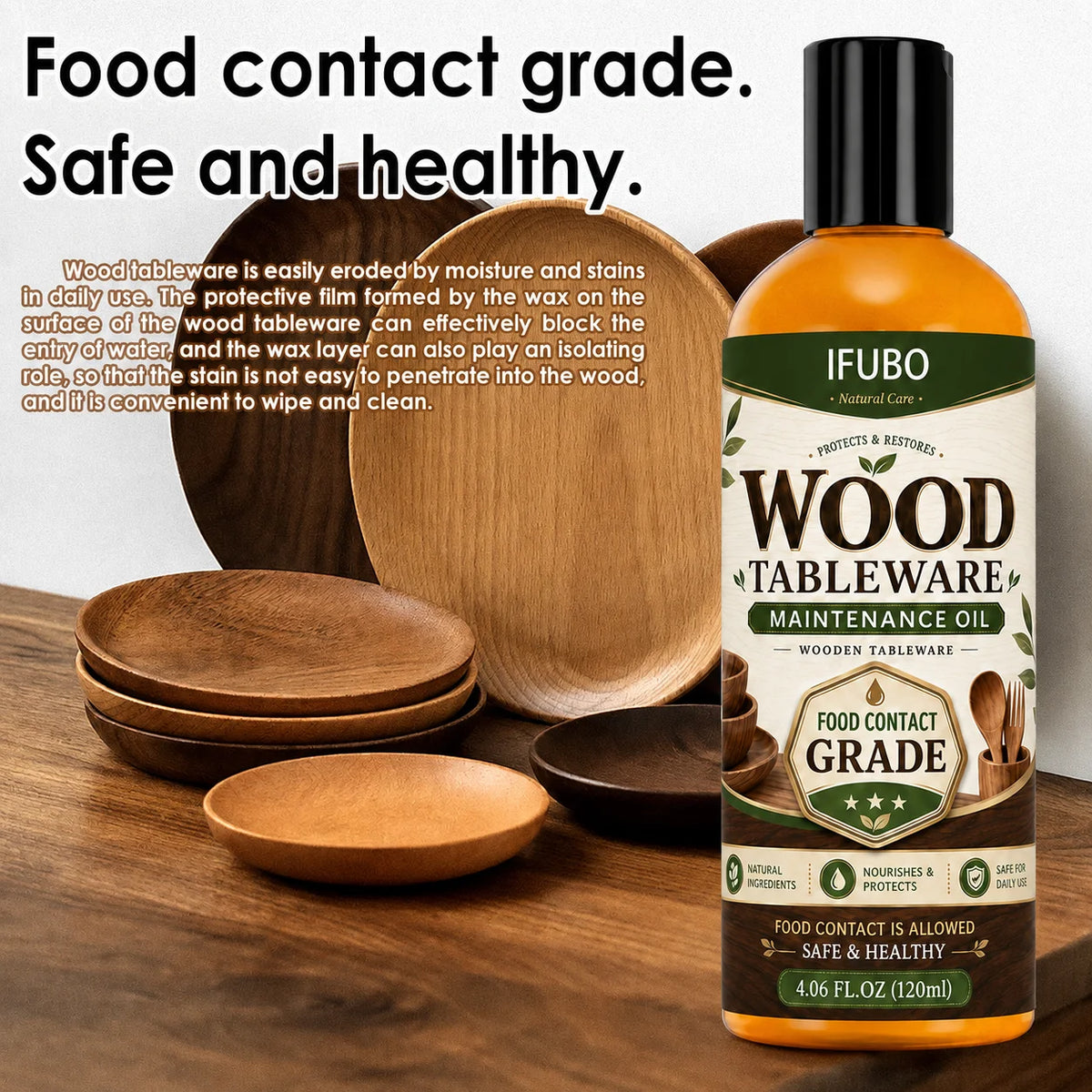 A bottle of IFUBO Wood Tableware Maintenance Oil is shown next to several wooden plates and bowls on a wooden surface.