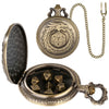 A brass steampunk dragon pocket watch dice case with a lid and a chain, containing seven small dice.