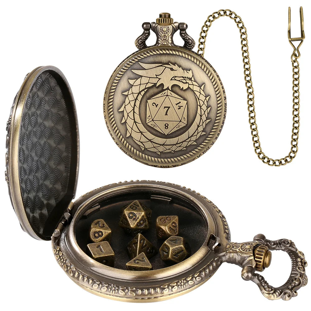 A brass steampunk dragon pocket watch dice case with a lid and a chain, containing seven small dice.