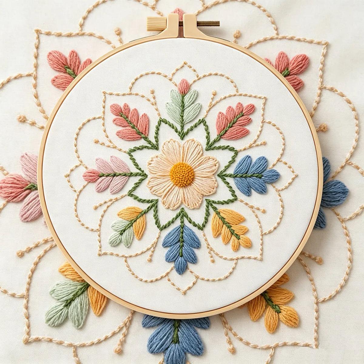 A white circular embroidery hoop featuring a detailed floral mandala design in pink, green, blue, and yellow thread.