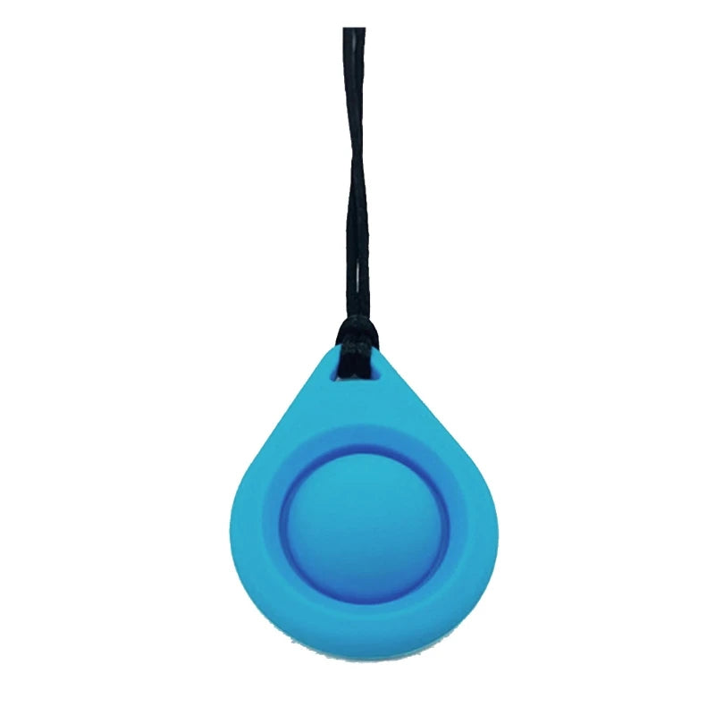 A bright blue silicone chew necklace with a black cord, designed for teething and sensory calming.