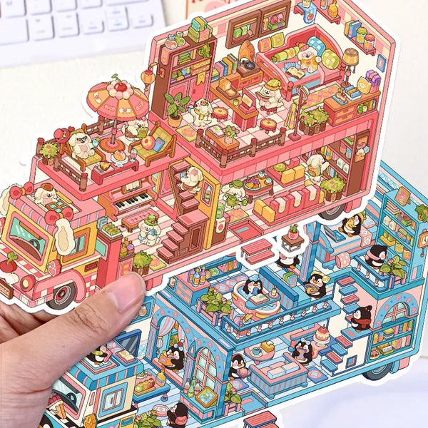 Aufkleber-Set mit Cartoon-Pinguinen und -Hunden im Wohnmobil, bunte Gebäude und Landschaften.