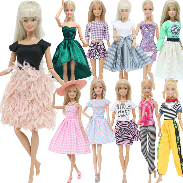 Fashion Doll Outfit Set – Wave Point Dress & Denim Grid Skirt for 11.5–12 Inch Dolls