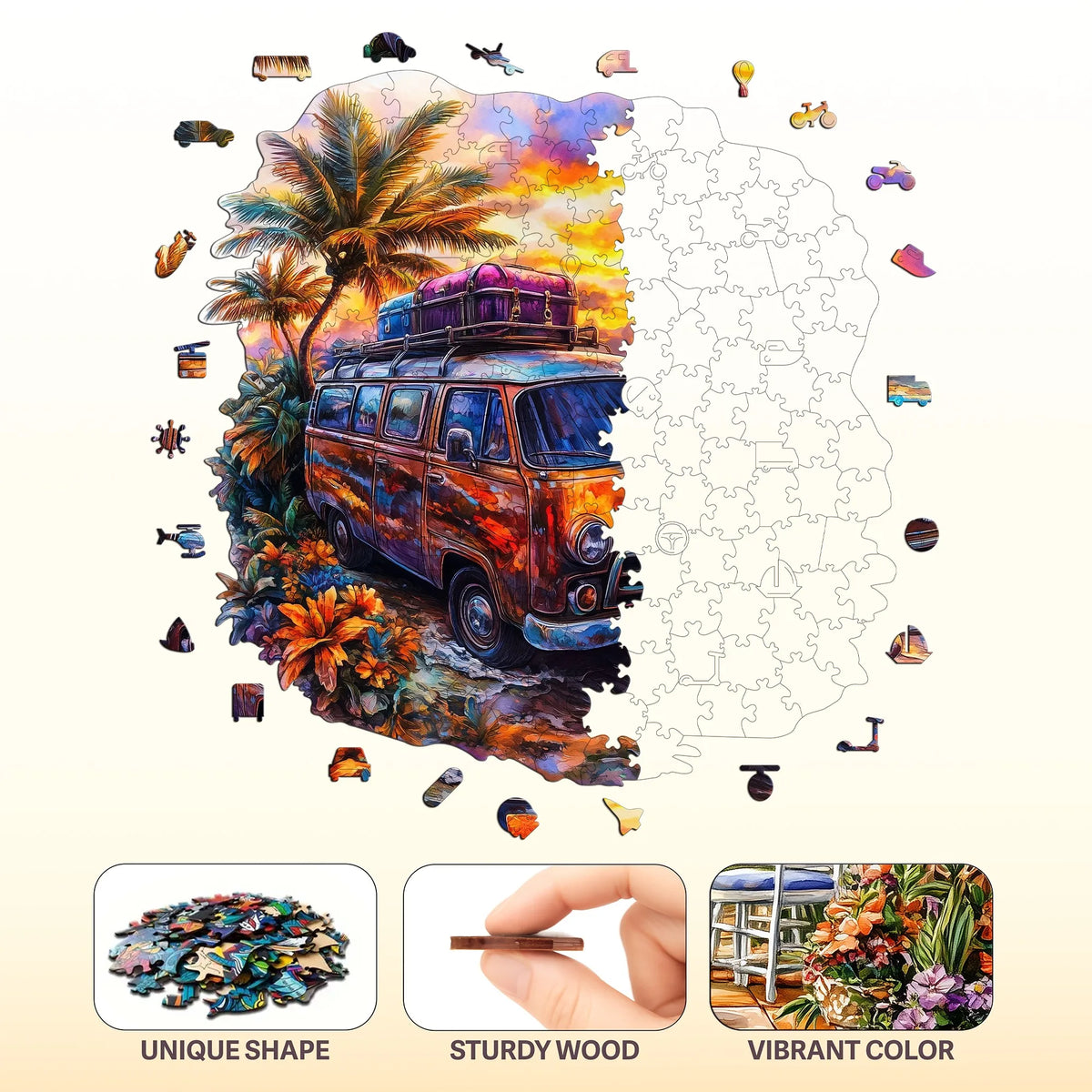 Artistic wooden animal jigsaw puzzle featuring a vehicle on a map outline with vibrant colors