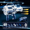 A white and blue four-cylinder bubble blaster toy gun with lights and a launch mechanism shown against a dark background.