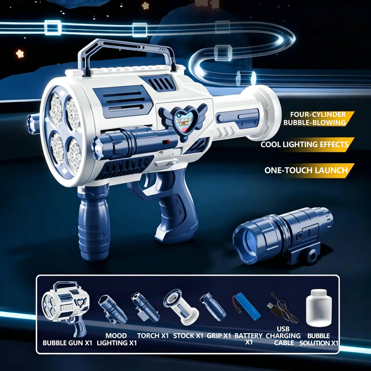 A white and blue four-cylinder bubble blaster toy gun with lights and a launch mechanism shown against a dark background.