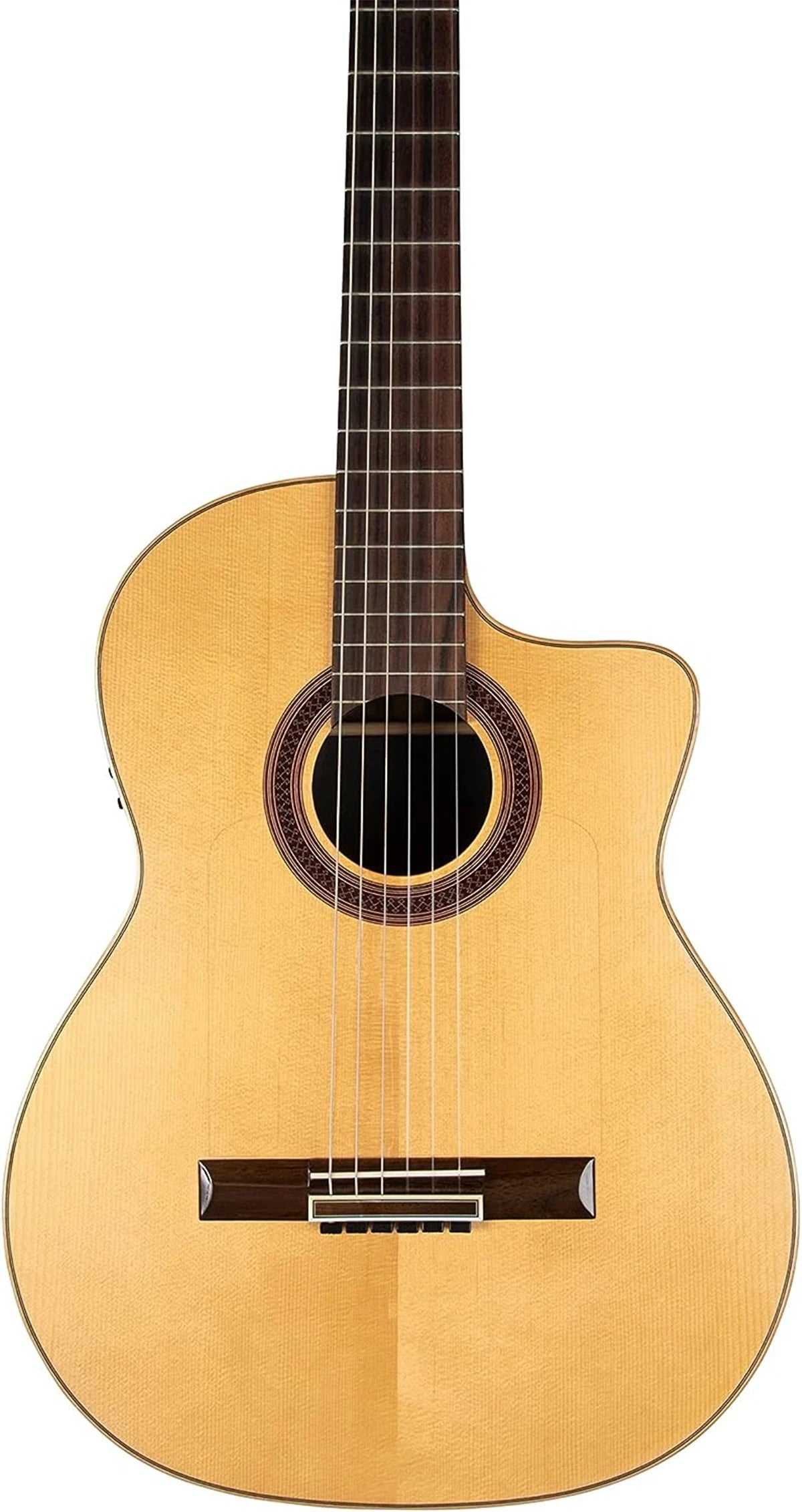 A yellow acoustic guitar with a wooden neck and silver-plated nylon strings.
