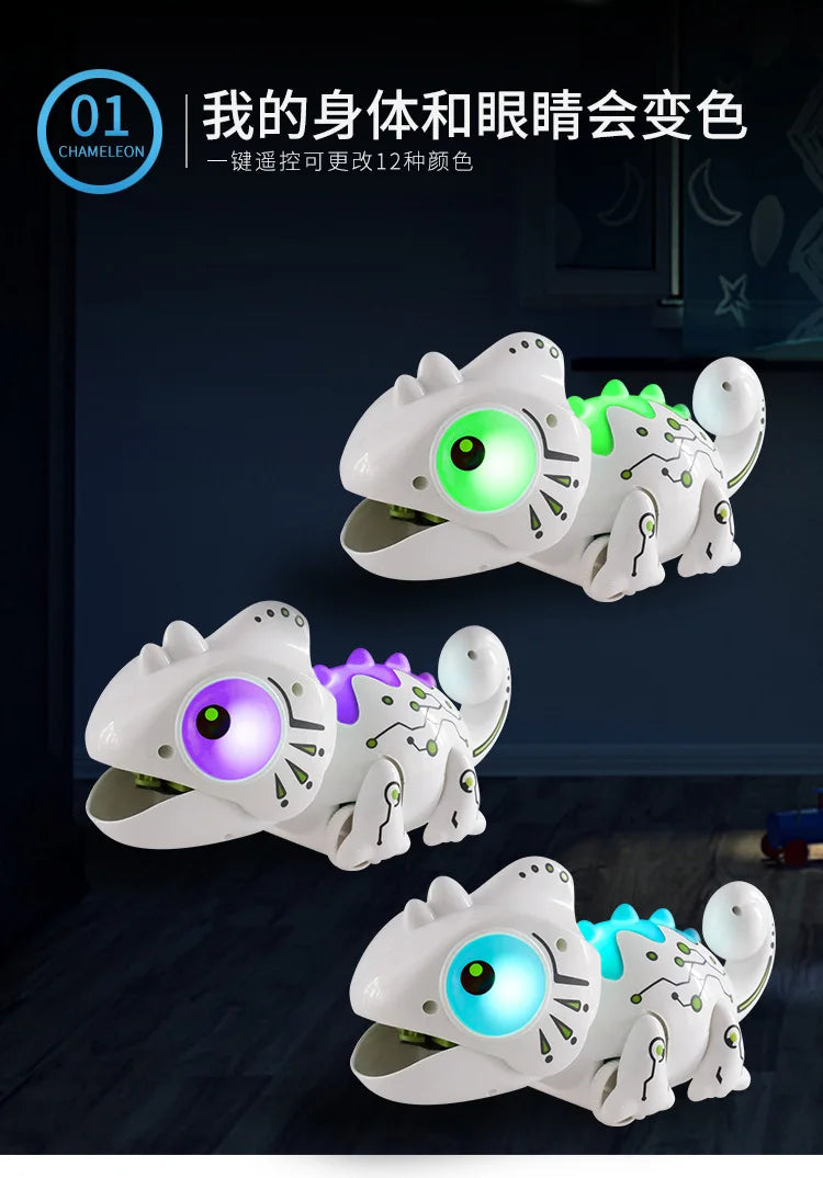 White remote control chameleon toys displayed in various colors, including green, purple, and blue.