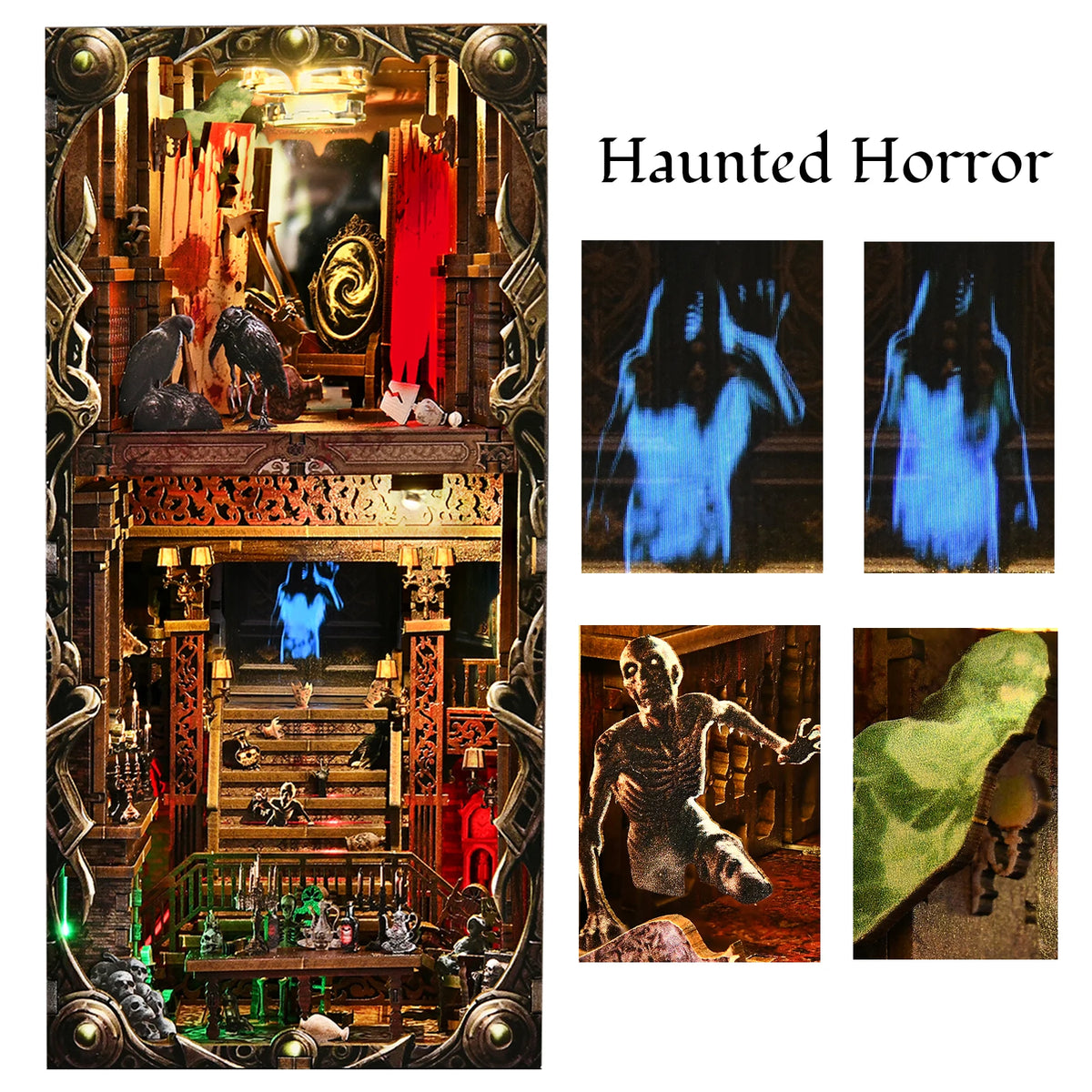 A collection of dark, gothic-themed DIY book nook kits featuring haunted scenes and figures.