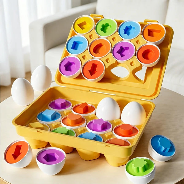 A yellow plastic puzzle set featuring egg-shaped pieces in various colors for a Montessori activity.