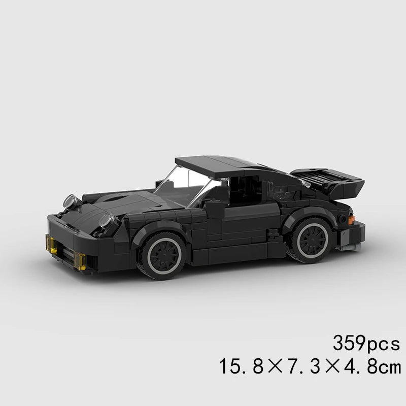 A black classic rally car model built from LEGO bricks.