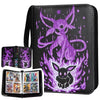 A black PU leather card binder featuring a purple Pokémon design, including a stylized creature and a smaller silhouette.