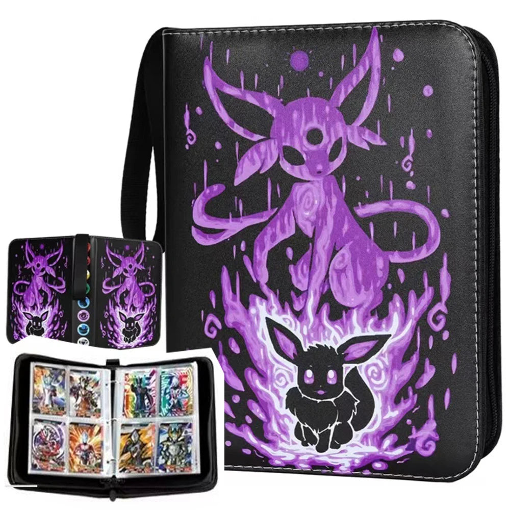 A black PU leather card binder featuring a purple Pokémon design, including a stylized creature and a smaller silhouette.