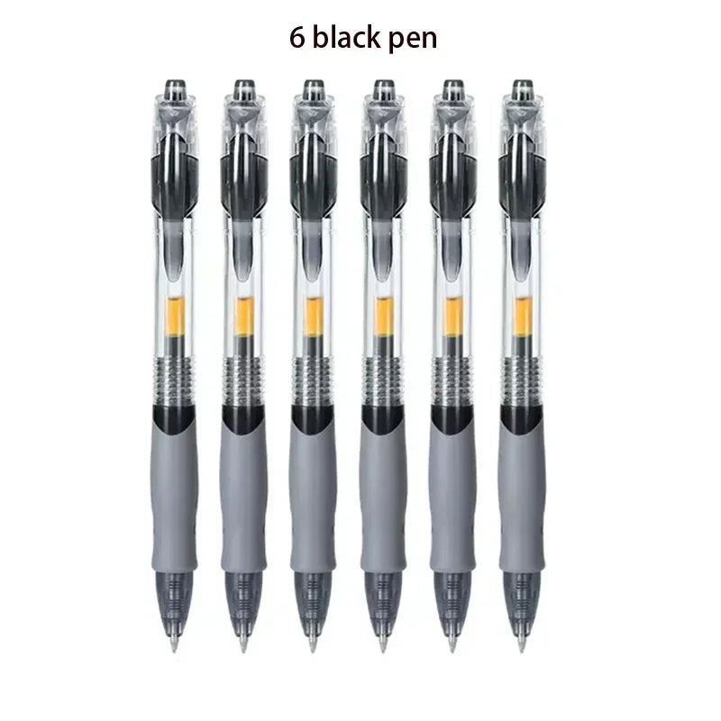 Six black retractable gel pens shown standing upright.