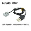 A black cable with a connector is shown next to text indicating a length of 80cm and low speed operation from 5V to 5V.