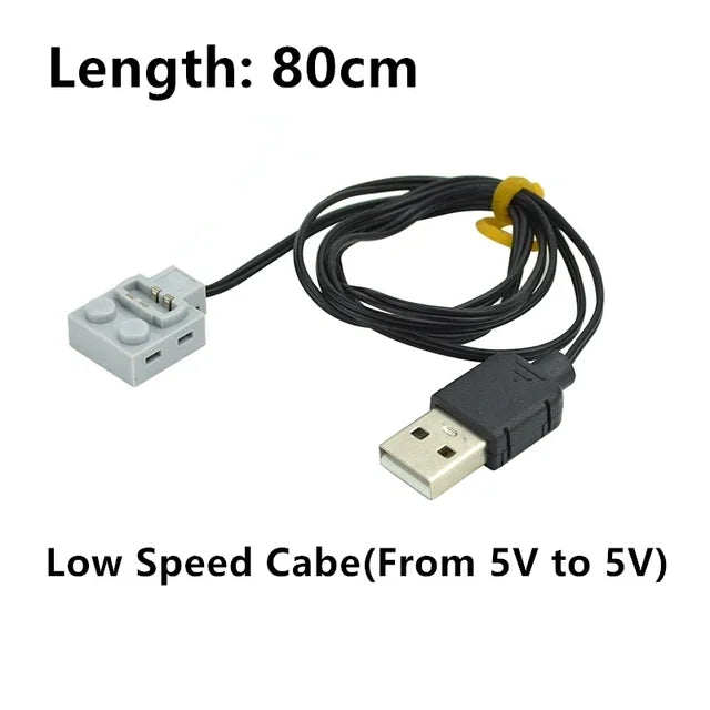 A black cable with a connector is shown next to text indicating a length of 80cm and low speed operation from 5V to 5V.