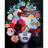 A painting of a woman's face adorned with a vibrant bouquet of colorful flowers and leaves.