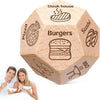 A wooden die shaped like a hexagon with various food icons on its faces, used for couples to decide on a meal.
