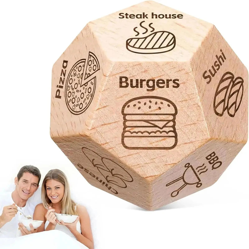 A wooden die shaped like a hexagon with various food icons on its faces, used for couples to decide on a meal.