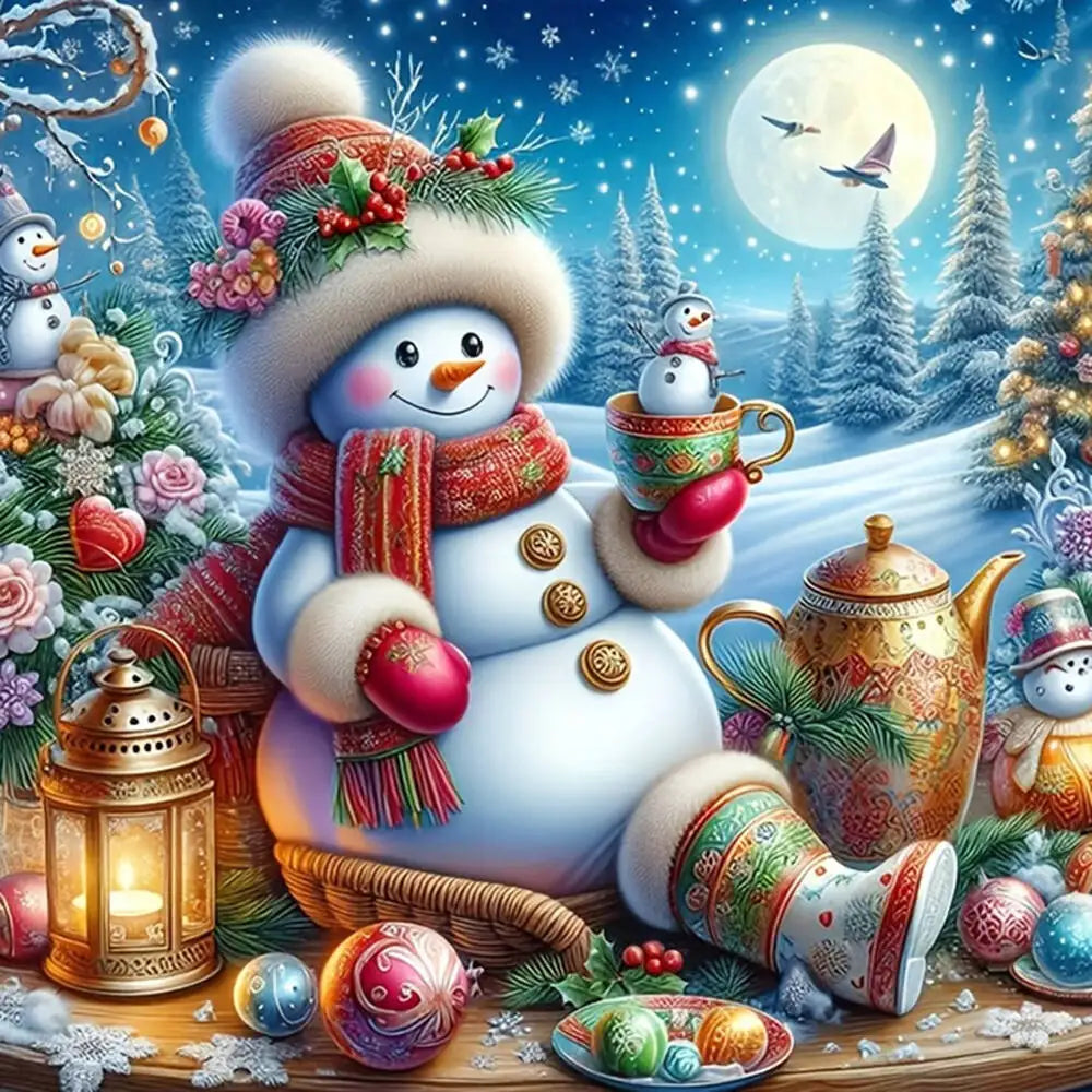 A festive 5D diamond painting kit featuring a snowman and a Christmas tree surrounded by winter elements.