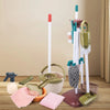 A kids pretend play cleaning set with a storage rack featuring various cleaning tools and accessories.