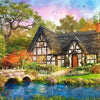 A picturesque forest house with a thatched roof overlooks a pond and lush greenery under a colorful sky.