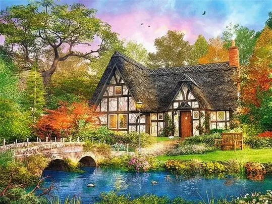 A picturesque forest house with a thatched roof overlooks a pond and lush greenery under a colorful sky.
