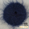 A dark navy blue ball of long-haired alpaca blend yarn labeled as 16 color code, with a weight indication of 6 pieces equal t