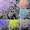 A collection of crushed glass crystals in various colors including purple, orange, blue, and green.